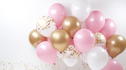 pink and gold balloons, gifts, presents and confetti on cream background