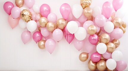 pink and gold balloons, gifts, presents and confetti on cream background - obrazy, fototapety, plakaty