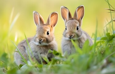 Fototapeta na wymiar two baby hares in green summer wood grass Easter holiday card