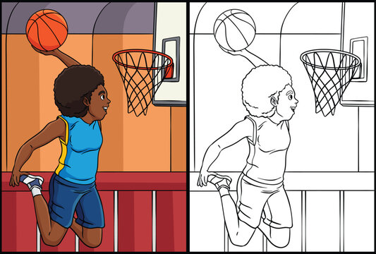 Basketball Girl Slam Dunk Coloring Illustration