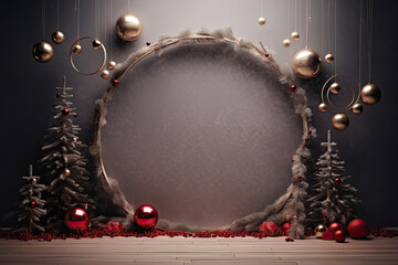 Modern elegant christmas set, interior with a garnald, holliday lights, ornaments for portrait photography on interior