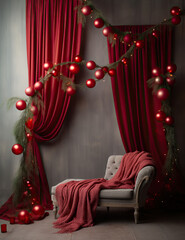 Modern artistic christmas set, interior with a sofa,  holliday lights, and ornaments for portrait photography on interior