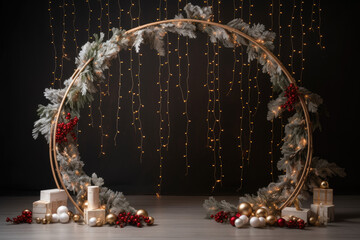 Modern artistic christmas set, interior with a garnald, holliday lights, ornaments for portrait photography on interior