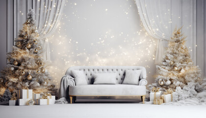 Modern white and golden christmas set, interior with a sofa,  holliday lights, ornaments and christmas trees for portrait photography