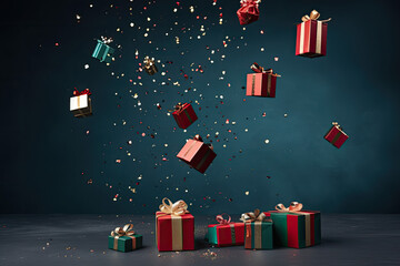Christmas gift boxes falling on a photo studio for portraits