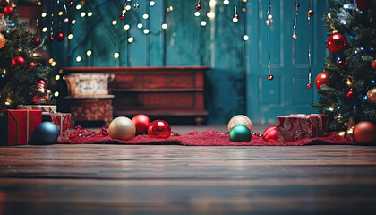 Christmas background. Wooden background closeup with Christmas tree , gifts and holiday lights