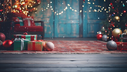 Christmas background, closeup with Christmas tree , gifts and holiday lights