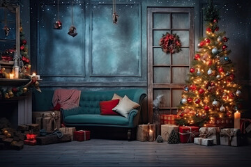 Christmas themed photo set with fireplacem christmas trees and lights