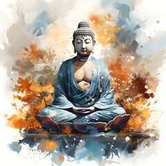 Digital illustration of Buddha seated and meditating in beautiful watercolor, AI,