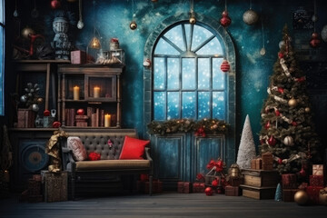 Beautiful Christmas themed photo set up with fir decor - obrazy, fototapety, plakaty