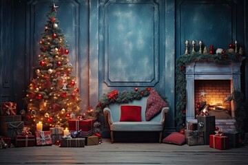 Beautiful christmas set backdrop for photo studio, sofa, christmas tree and presents