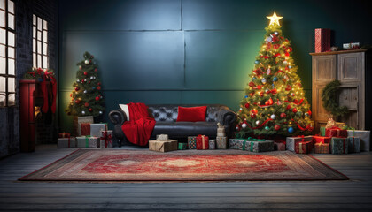 Christmas backdrop for portraits, sofa, christmas tree and presents