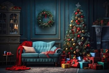 Christmas backdrop for photo studio, sofa, christmas tree and presents