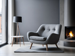 Design scene with grey fabric armchair by fireplace. Natural light from window. Interior design