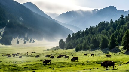 Bison Herd Grazing in Misty Mountain Valley - obrazy, fototapety, plakaty