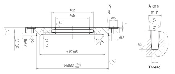 Vector engineering cad drawing of a mechanical part (steel wheel)
with through holes, dimensions.
Computer aided design of machine parts. Technical cad background.