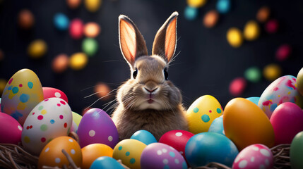 Happy Easter bunny with many colorful easter eggs