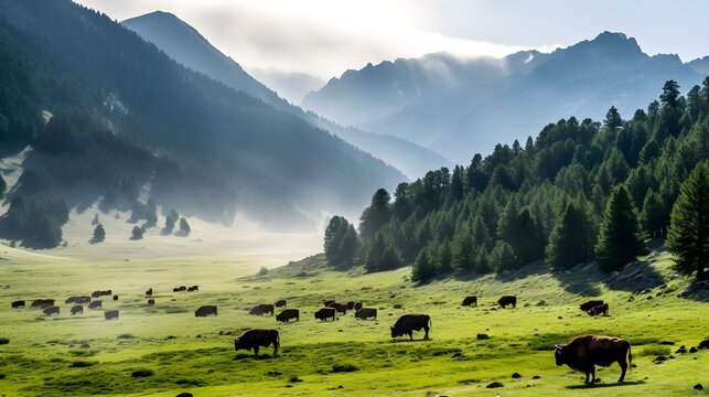 Bison Herd Grazing in Misty Mountain Valley