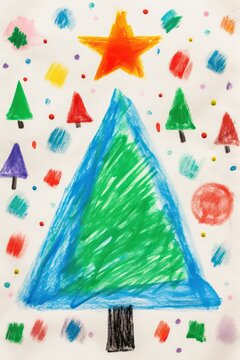 Cute and funny Christmas tree panting. Doodle painting from children