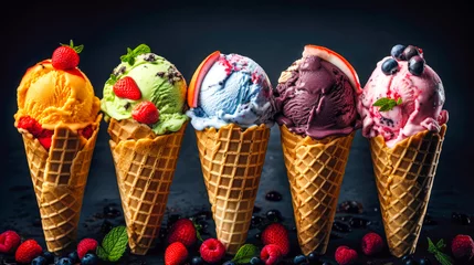 Foto auf Alu-Dibond Colorful ice cream scoops in waffle cones with berries and mint on black background © mila103