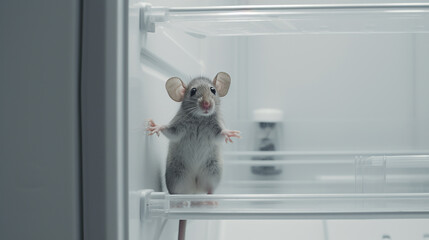gray mouse in an empty refrigerator. ai generative