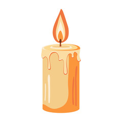 Burning wax candle. Candle icon or symbol. Burning candle isolated on white background.  Decorative holiday decoration. Flame symbol. Vector illustration. 