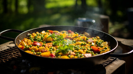frying pan with vegetable paella. ai generative