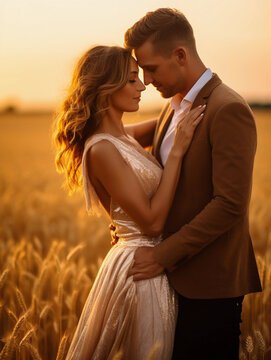 A couple standing in a golden wheat field at sunset, warm golden hour light caressing their faces