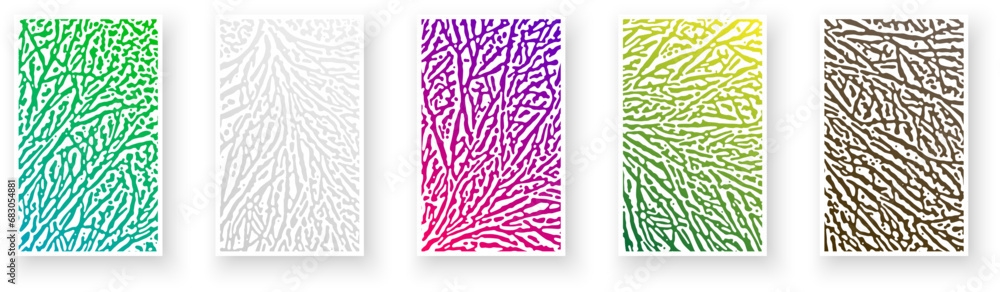 Poster set of paper cards with textured pattern design and rough contrast reaction diffusion curve lines. p