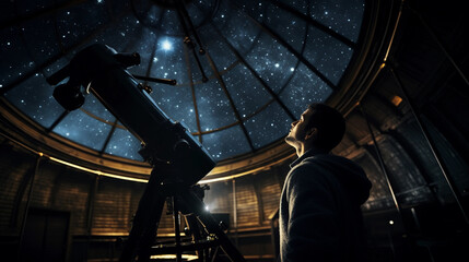 Astronomer in an observatory, gaze turned upwards, telescope pointing to the stars