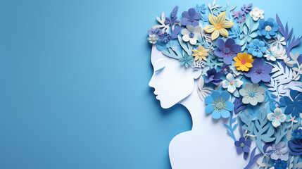 World Mental Health Awareness Day. Paper-cut woman's head and flowers on a blue background. ai generative