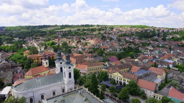 Picturesque aerial view of village Sremski Karlovci and cloudscape
