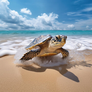 funny turtle hurries to the beach to relax