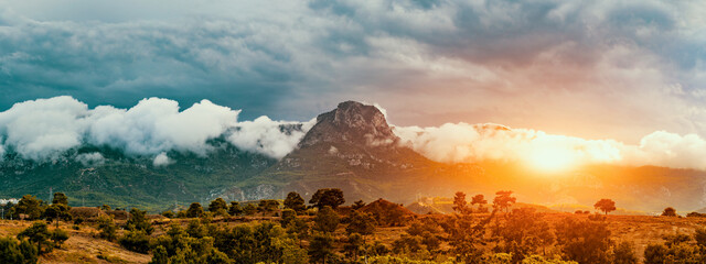 Beautiful panoramic mountain landscape at sunset in Northern Cyprus. Mountain scenic view.
