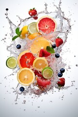 Fruits fall into the water. Creating fruity splashes. Commercial photography setting with a white background