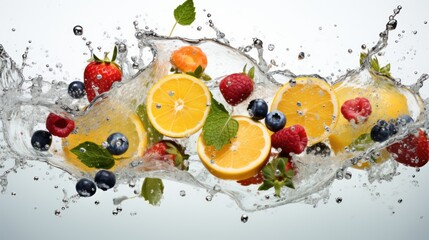 Fruits fall into the water. Creating fruity splashes. Commercial photography setting with a white background