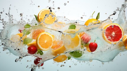 Fruits fall into the water. Creating fruity splashes. Commercial photography setting with a white background