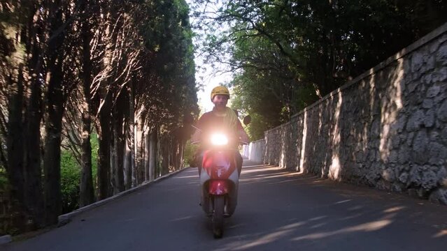 Thrilling Ride Through the Urban Jungle: A Motorcycle Adventurer Zipping Down a City Street