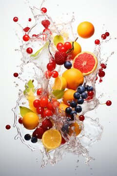 Fruits fall into the water. Creating fruity splashes. Commercial photography setting with a white background © Daniil