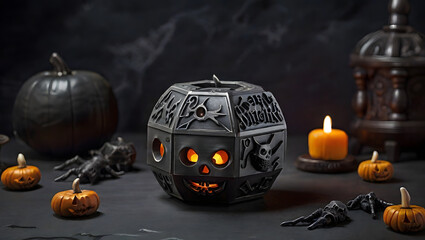 Gloomy Halloween decorations with pumpkins and candles for magic and witchcraft