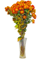 An Autumn Bouquet of Orange-Yellow Chrysanthemums Is in A Crystal Vase. Cut Out On a Transparent Background
