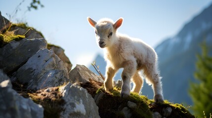 Naklejka na ściany i meble Curious Baby Mountain Goat on Rocky Terrain