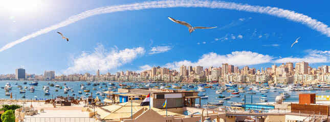 Full sealine Mediterranean panorama of Alexandria, Egypt