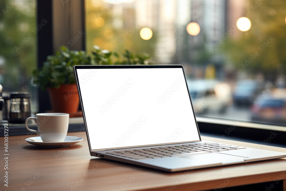 Aufkleber a laptop with a blank screen on a tidy desk with a cup of pens. concept of productivity and remote w