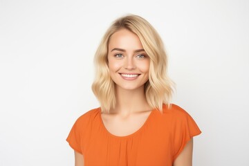 Pretty Fictional Blonde Female Model with Blue Eyes Smiling Candidly. Casual Clothes. Isolated on a Plain White Background. Generative AI.