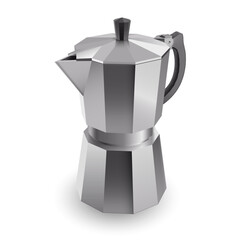 Italian geyser-style coffee maker, also known as a Moka pot, displayed against a white background. An illustration of the coffee pot used for brewing espresso coffee, isolated on a white backdrop