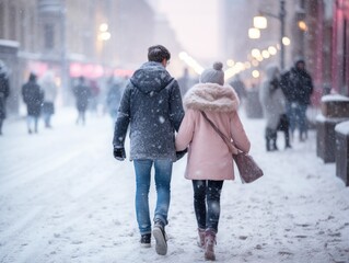 Winter Storm: Happy Couple Walking in Snowy City