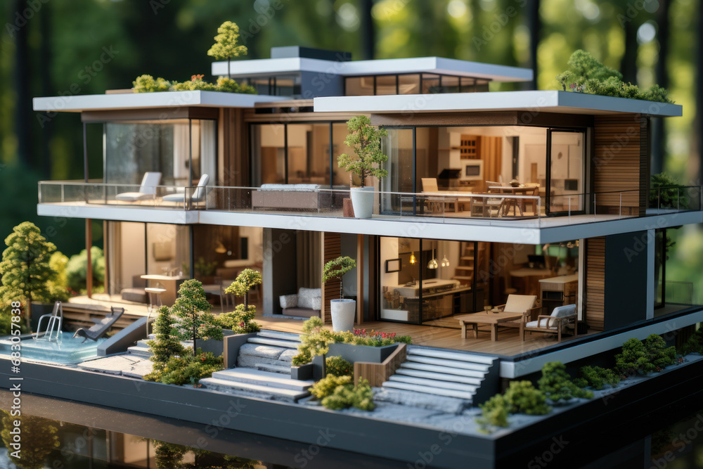Poster a 3d architectural model of a modern house. concept of architectural design and planning. generative