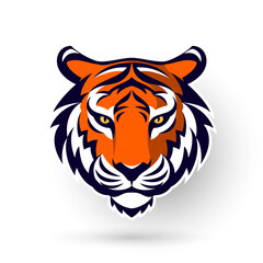 Tiger head logo on white background, in the style of orange and navy