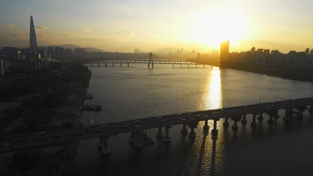Sunset view in Seoul, South Korea, near Hangang Park